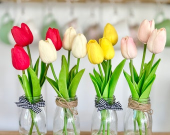 Adorable addition to your farmhouse, window ledge or hutch display Tulips in glasswork jars with resin faux water, gift Mother's Day