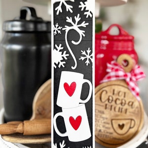 Hot cocoa Tiered tray vertical sign Christmas winter farmhouse tiered tray decor 9&quot; tall 3D snowflake and mugs