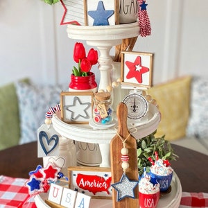 4th of July, Independence Day, Memorial Day farmhouse style tiered tray set! Red white & blue America, USA, patriotic, hutch, coffee bar P18