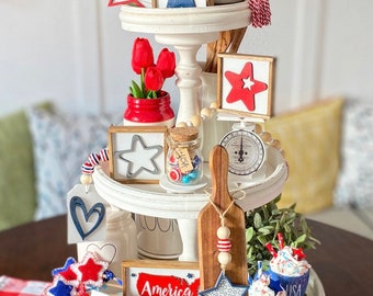 4th of July, Independence Day, Memorial Day farmhouse style tiered tray set! Red white & blue America, USA, patriotic, hutch, coffee bar P18