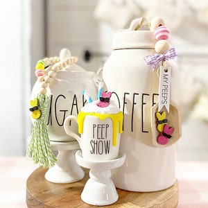 Easter /  tiered tray mini mug “Peep show” & “My Peeps” faux whip topping,  canister scoop, beads coffee bar set