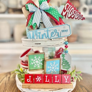 Merry and Bright colorful tiered tray, Christmas / winter / red green and blue vintage retro Christmas C32 Jolly scrabble set