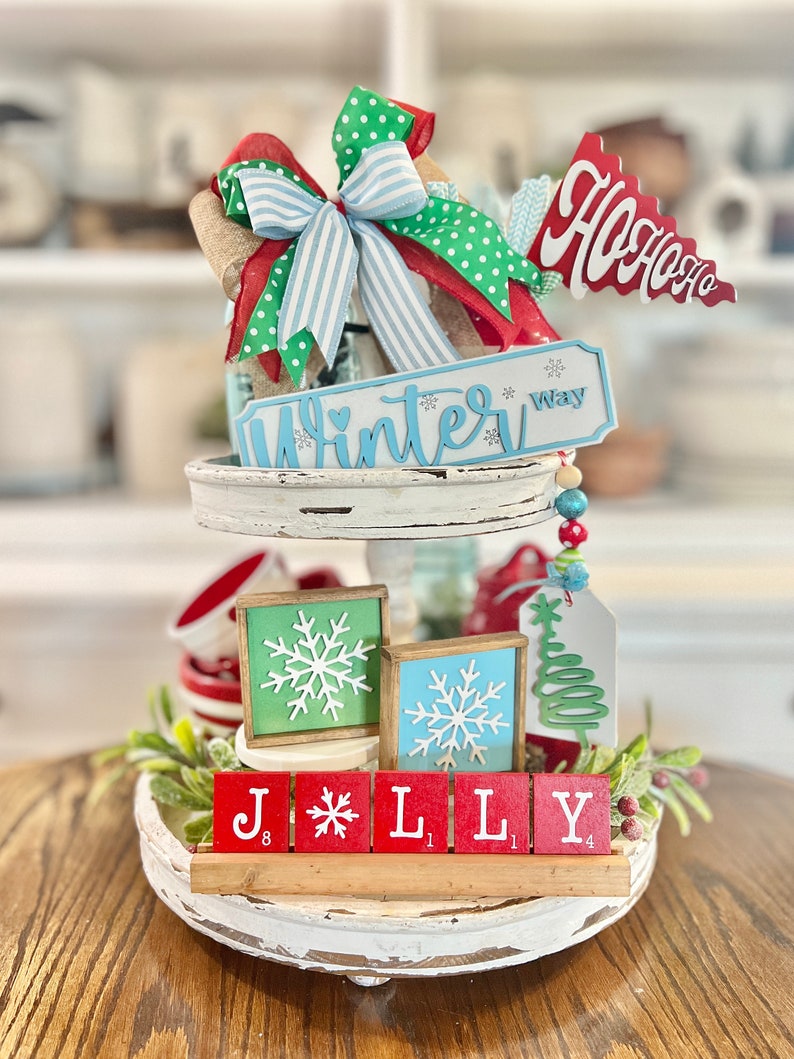 Merry and Bright colorful tiered tray, Christmas / winter / red green and blue vintage retro Christmas C32 Jolly scrabble set