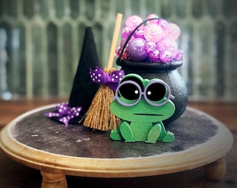 Bubble cauldron Halloween decor, tiered tray, vignette purple bubbles, broom, witches hat frog X11