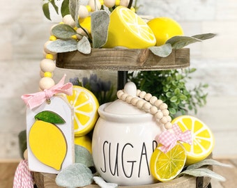 Lemon Wooden Bead Garland, Pink & Yellow Farmhouse Tiered Tray Decor