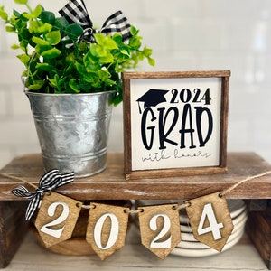 Graduation party decor tiered tray centerpiece signs, garland, mini bead loop and GRAD scrabble set with pine tray G48 image 8