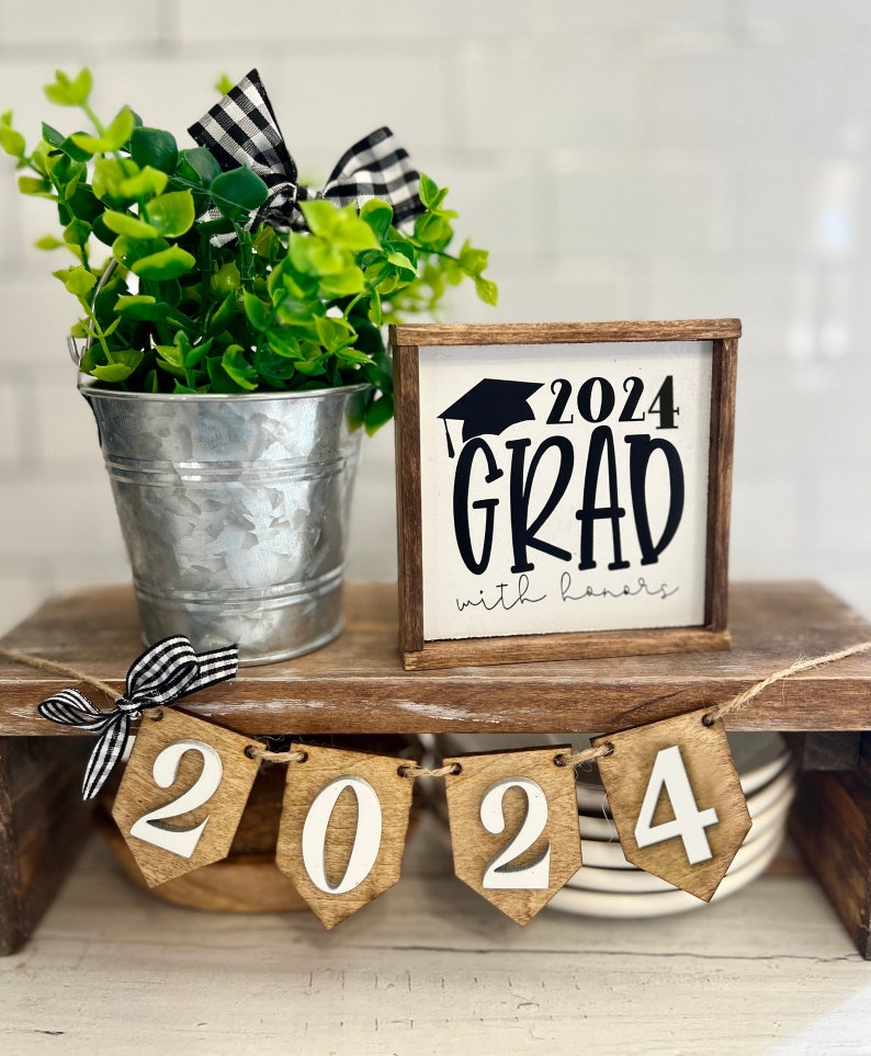 Graduation party decor tiered tray centerpiece signs, garland, mini bead loop and GRAD scrabble set with pine tray G48 image 8