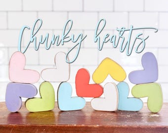 Pastel chunky hearts, lime green, yellow, peach, baby blue, light pink, purple, white  2.25 " x 2" inch vignette hearts X14