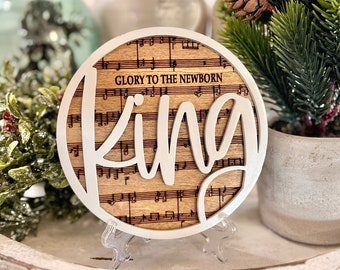 Faith white on wood religious Hymn | hymnal round sign with sheet music background, Faith, decor 5.25" Glory to the newborn king