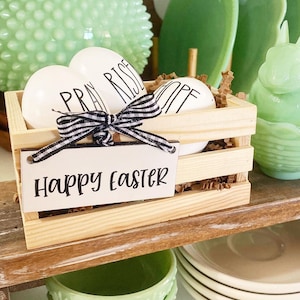 Happy Easter wooden eggs in crate or wooden egg holders, comes with 3 wooden eggs . Easter farmhouse cottage decor hope, pray, risen image 3