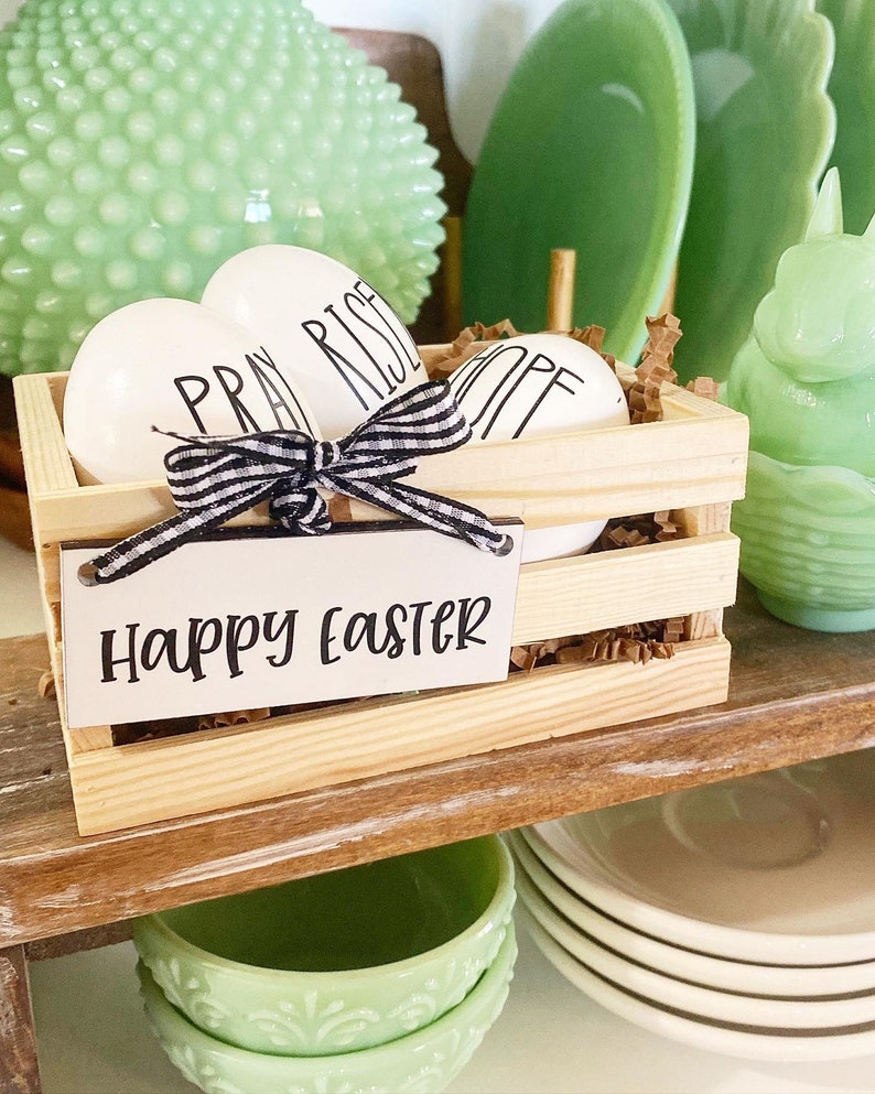 Happy Easter wooden eggs in crate or wooden egg holders, comes with 3 wooden eggs . Easter farmhouse cottage decor hope, pray, risen image 3