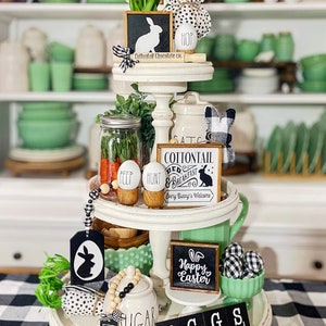 Black & white Peter cottontail Easter / spring tiered tray set, 3D signs, garlands, rolling pin, wooden eggs etc. E44 The full set