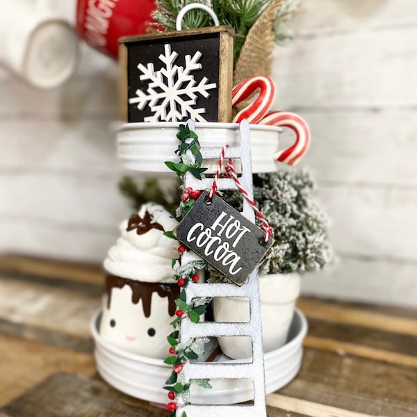 Hot cocoa Tiered tray mini ladder Christmas themed with holly berry little hanging sign, snow, gingham ribbon, winter farmhouse