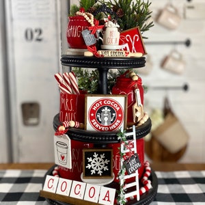 Hot cocoa tiered tray set, Christmas / winter / snow red, black & white, mini ladder, sugar bowl beads, rolling pin, 3D signs etc C28 image 5