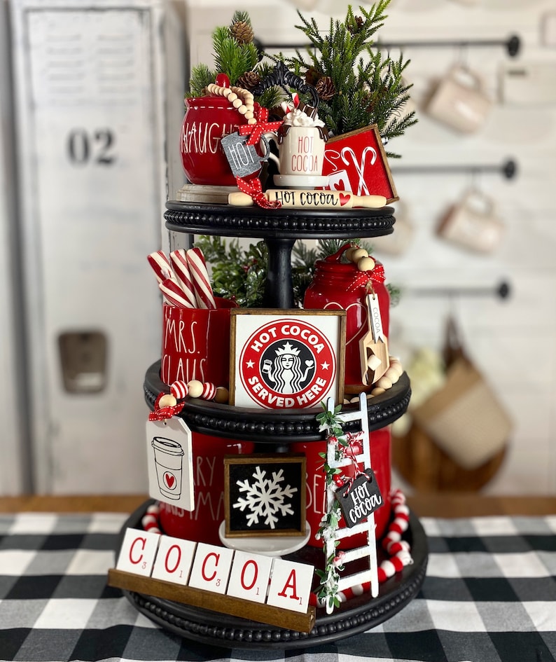 Hot cocoa tiered tray set, Christmas / winter / snow red, black & white, mini ladder, sugar bowl beads, rolling pin, 3D signs etc C28 image 5