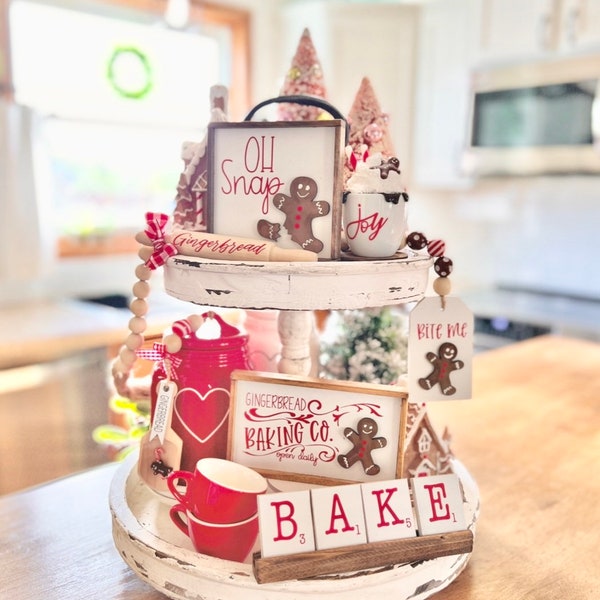 Gingerbread tiered tray set - mini mug canister scoop, rolling pin, bite me & oh snap sign, bake scrabble tiles G56