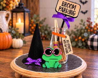 Toad / frog broom parking and hat Halloween decor, tiered tray, vignette X50