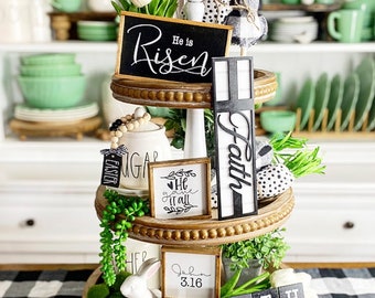 Faith black & white Easter tiered tray decor! Christian / religious spring. Farmhouse Easter table centerpiece F46