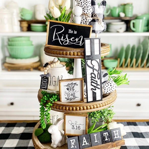 Faith black & white Easter tiered tray decor! Christian / religious spring. Farmhouse Easter table centerpiece F46