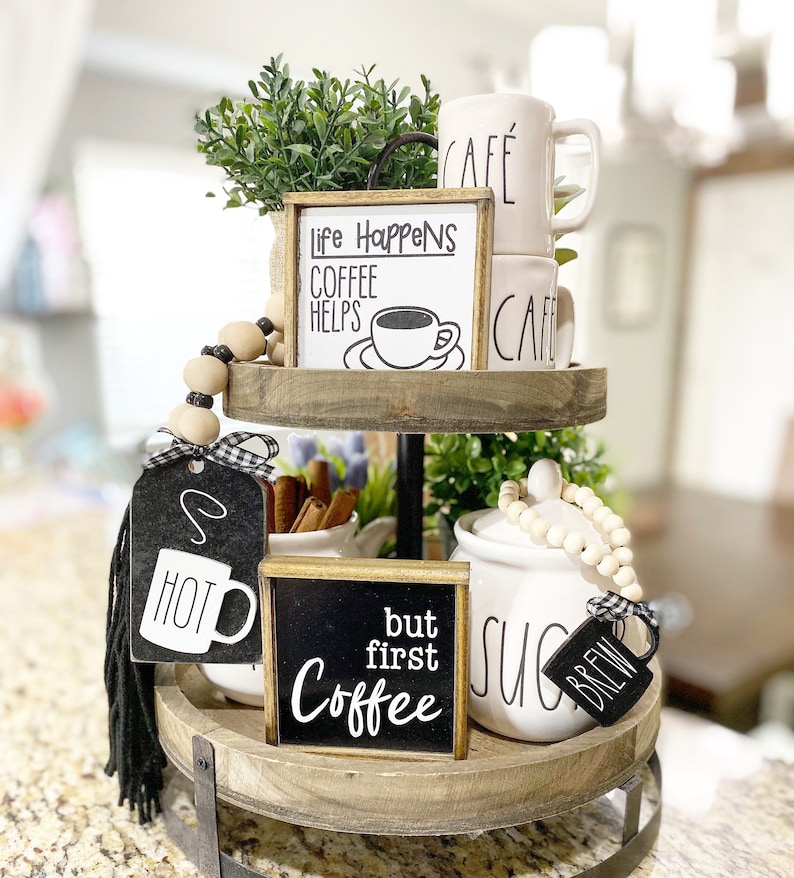 Coffee Bar Decor Black & White Tiered Tray Items Mix and Etsy
