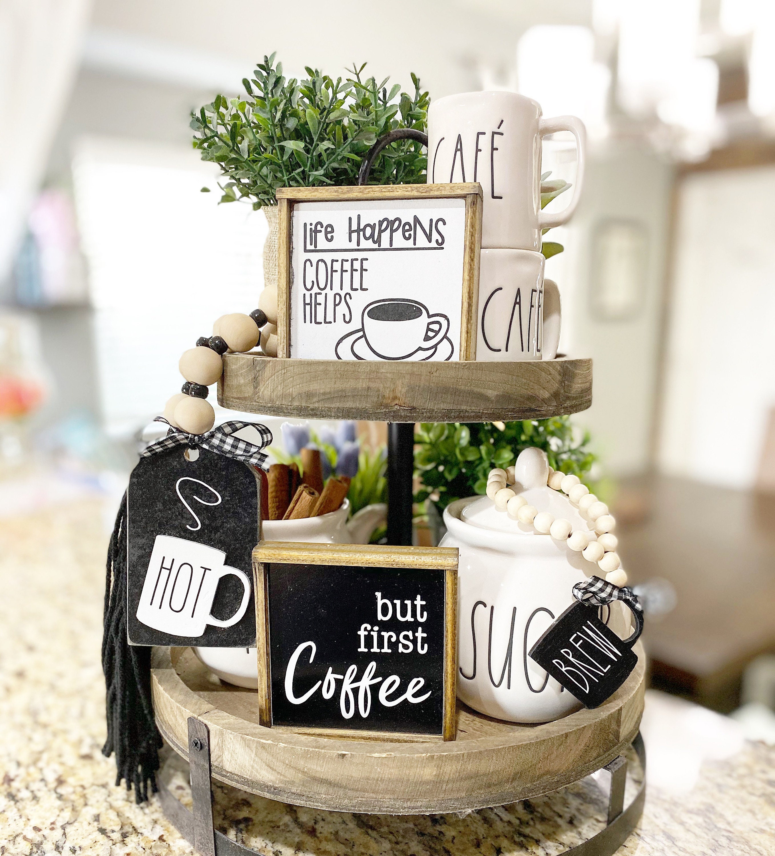 Coffee Bar Decor, Black & White Tiered Tray Items Mix and Match, HOT 30  Garland, Mini, Sugar Bowl Bead Loop, Farmhouse Style Signs Etc C03 