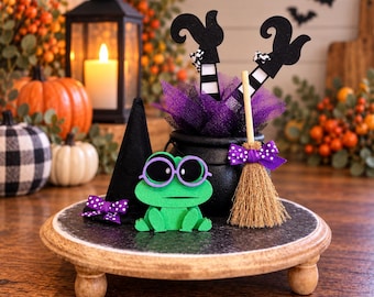 Witch legs cauldron with Toad / frog broom and hat Halloween decor, tiered tray, vignette purple