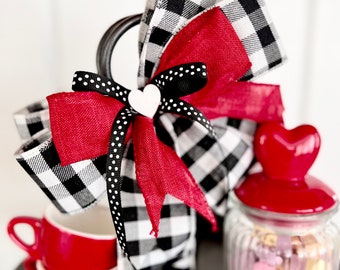 Tiered tray bow, Valentines Day / winter Red Black and white buffalo check bow with heart 7" wide, wired ribbon, canister bow holiday