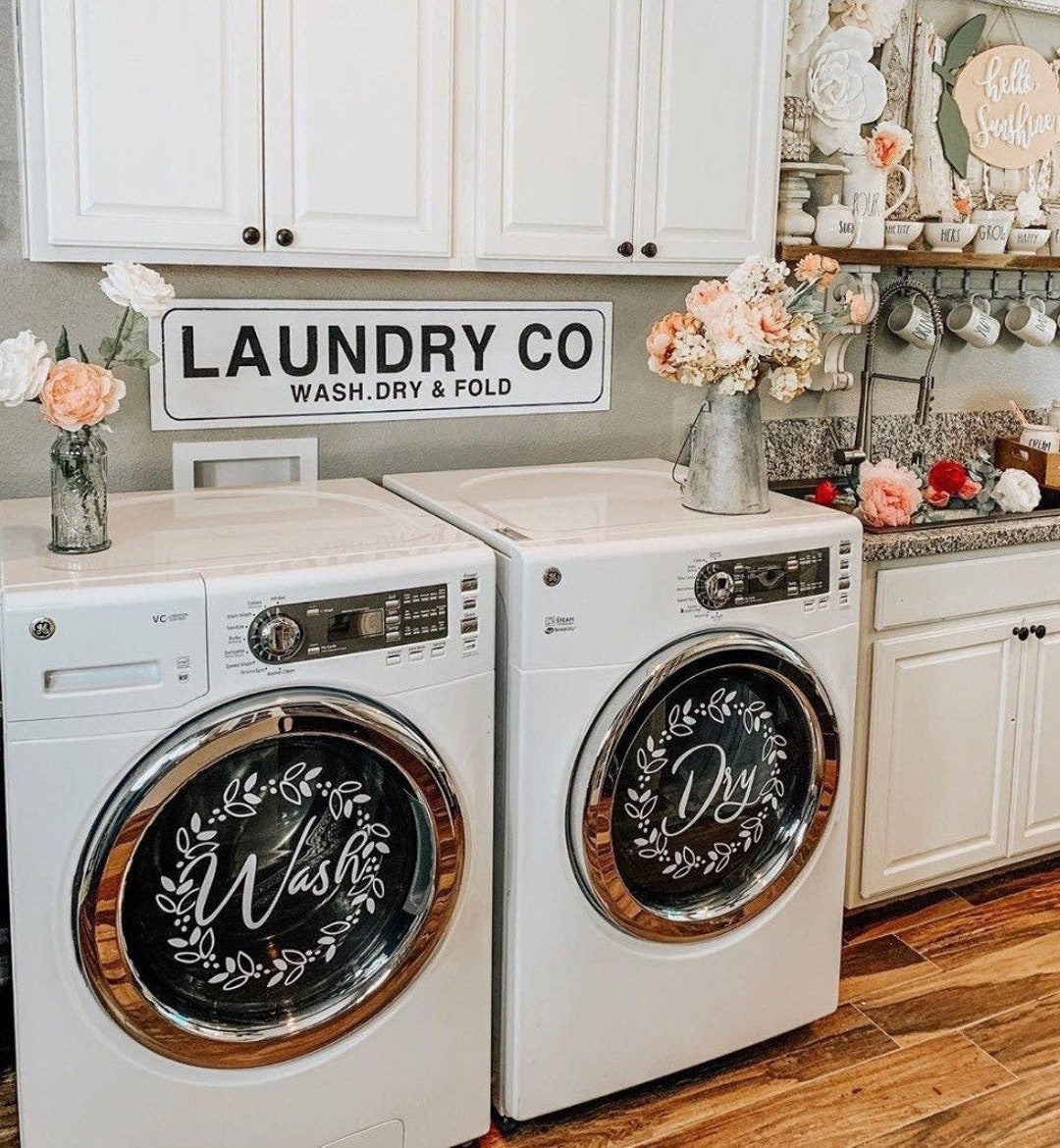 Laundry Room Decor wash dry Vinyl Decals, Washing Machines and Dryers.  Farmhouse Laundry Room Decor With Floral Wreath 13.25 18.5 