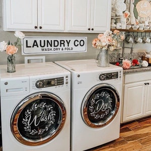 Laundry room decor "Wash" "Dry" vinyl decals, washing machines and dryers. farmhouse laundry room decor with floral wreath 13.25" - 18.5"