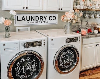 Laundry room decor "Wash" "Dry" vinyl decals, washing machines and dryers. farmhouse laundry room decor with floral wreath 13.25" - 18.5"