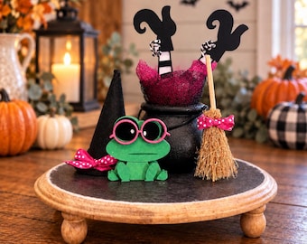 Witch legs cauldron with Toad / frog broom and hat Halloween decor, tiered tray, vignette pink X49
