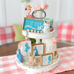 Beach / ocean coral, white, & teal tiered tray set! Mix and match items, mermaid garland, seahorse, starfish 3D signs etc B01