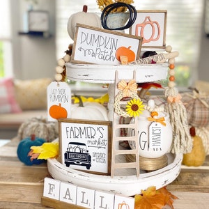 autumn / fall pumpkin farmhouse themed tiered tray Scrabbles tiles garlands, 3D signs, sugar bowl beads mini rolling pin & mini ladder F09