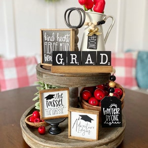 Graduation party decor tiered tray centerpiece signs, garland, mini bead loop and GRAD scrabble set with pine tray G48 image 6
