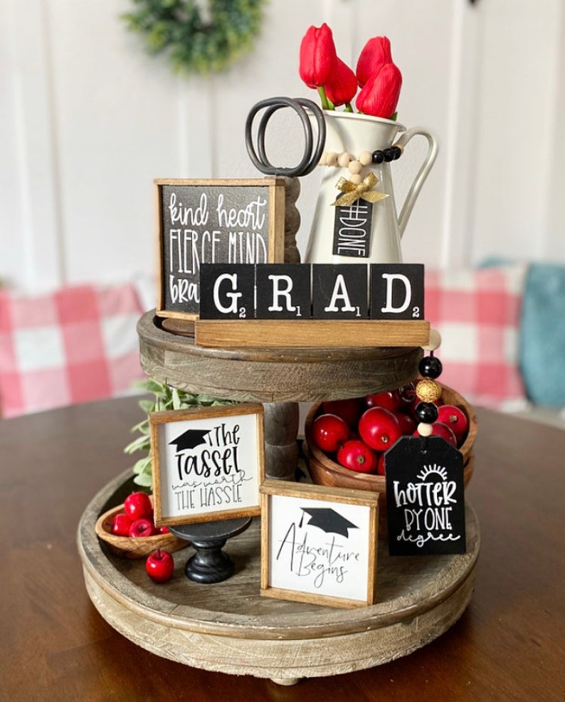 Graduation party decor tiered tray centerpiece signs, garland, mini bead loop and GRAD scrabble set with pine tray G48 image 6