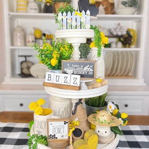 black, White & yellow honeybee /bumble bee tiered tray set Mix and match items, mini signs, garlands, rolling pin, scrabble tiles etc. B06 image 2