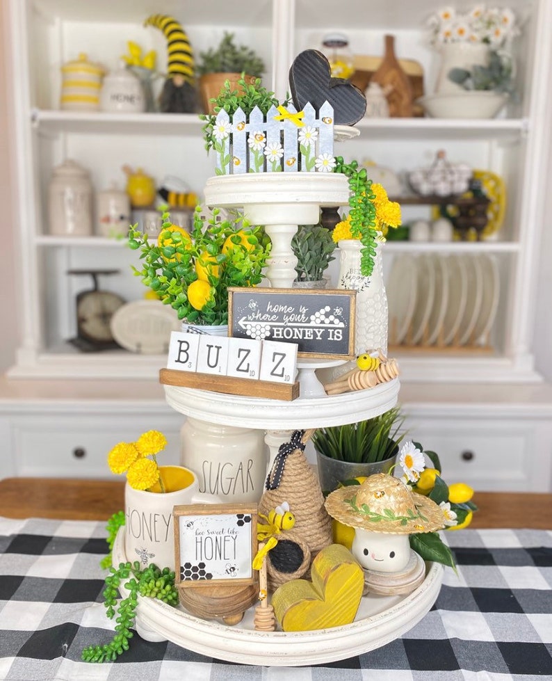 black, White & yellow honeybee /bumble bee tiered tray set Mix and match items, mini signs, garlands, rolling pin, scrabble tiles etc. B06 image 2