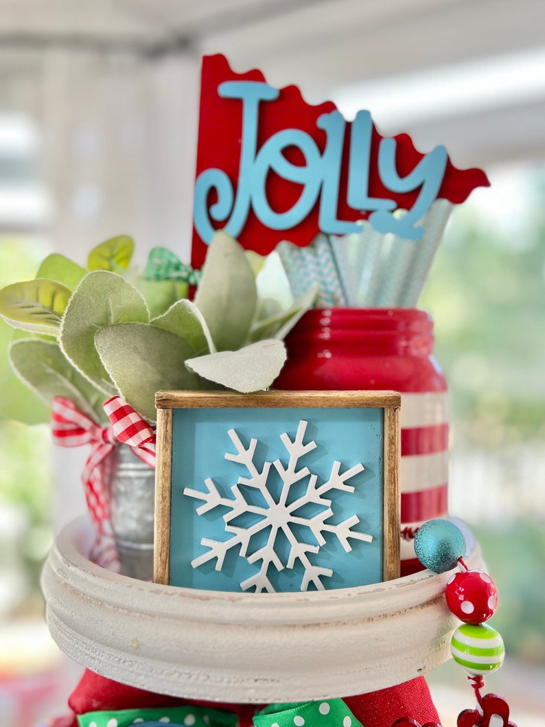 Merry and Bright colorful tiered tray, Christmas / winter / red green and blue vintage retro Christmas C32 image 7