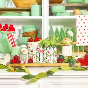 Ladybug themed Marshmallow mug straw farmer hat picket fence & gumball machine spring / summer farmhouse tiered tray.