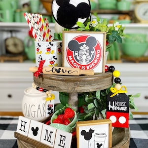 Disney vacation inspired, mouse themed tiered tray set! Mini / 3D signs, rolling pin, mini scrabble tiles, garland, etc. D23