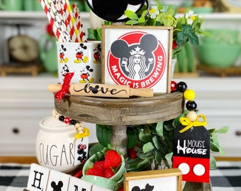 Disney vacation inspired, mouse themed tiered tray set! Mini / 3D signs, rolling pin, mini scrabble tiles, garland, etc. D23