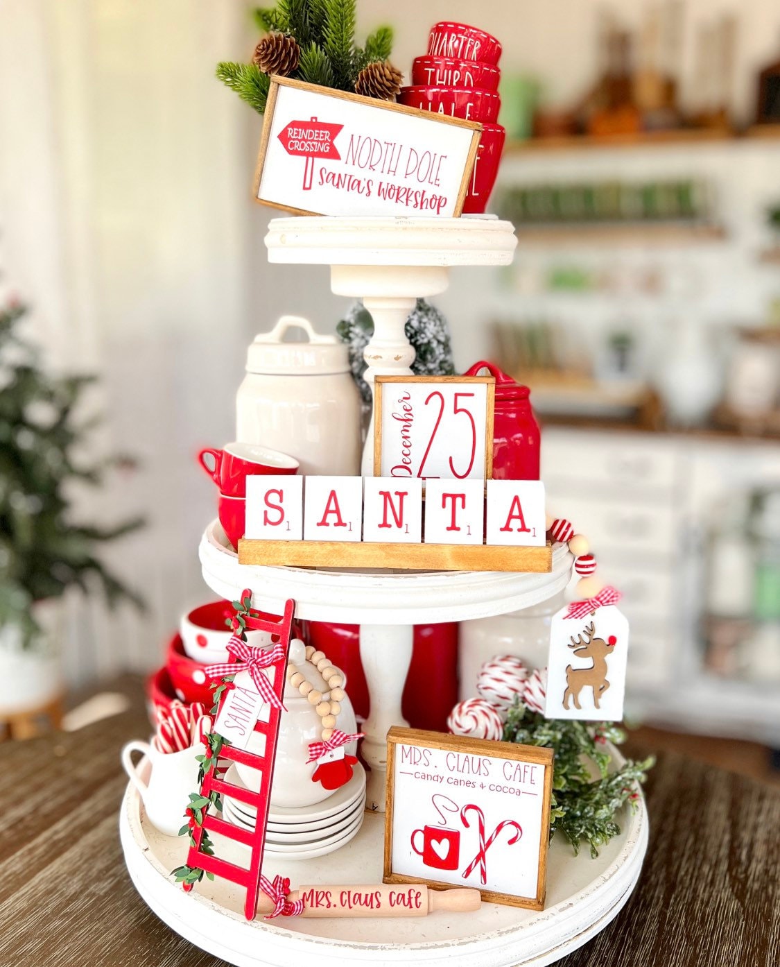 Mrs. Claus Cafe / Santa themed tiered tray, Christmas / winter / mini ladder, sugar bowl beads, rolling pin, 3D signs etc C26 aka Claus