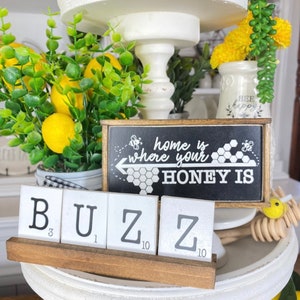 black, White & yellow honeybee /bumble bee tiered tray set Mix and match items, mini signs, garlands, rolling pin, scrabble tiles etc. B06 image 3