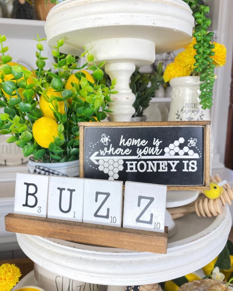 black, White & yellow honeybee /bumble bee tiered tray set Mix and match items, mini signs, garlands, rolling pin, scrabble tiles etc. B06 image 3