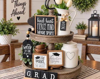 2027 Graduation party decor tiered tray centerpiece signs, garland, mini bead loop and GRAD scrabble set with pine tray G48