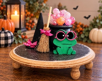 Bubble cauldron Halloween decor, tiered tray, vignette pink bubbles, broom, witches hat X12