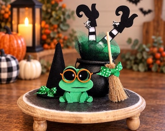 Witch legs cauldron with Toad / frog broom and hat Halloween decor, tiered tray, green, vignette X47