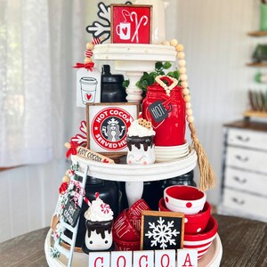 Hot cocoa tiered tray set, Christmas / winter / snow red, black & white, mini ladder, sugar bowl beads, rolling pin, 3D signs etc C28 image 2