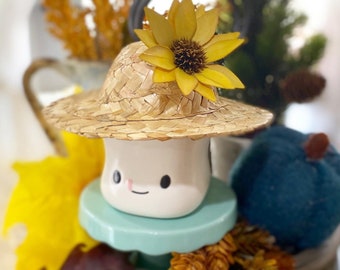 fall /autumn themed Marshmallow mug straw farmer hat with beautiful sunflower, autumn farmhouse tiered tray.