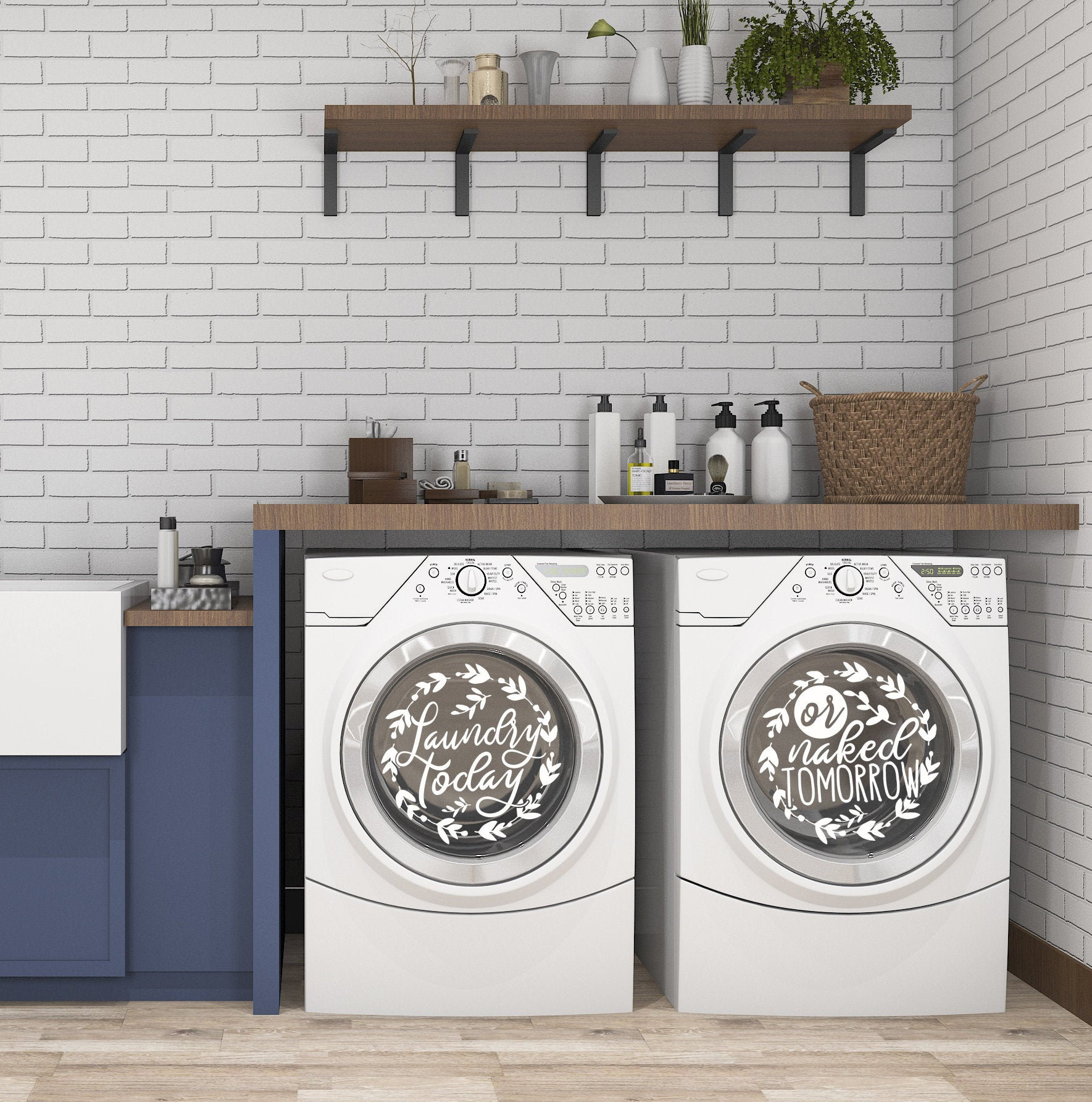 Laundry Room Decor wash dry Vinyl Decals, Washing Machines and Dryers.  Farmhouse Laundry Room Decor With Floral Wreath 13.25 18.5 